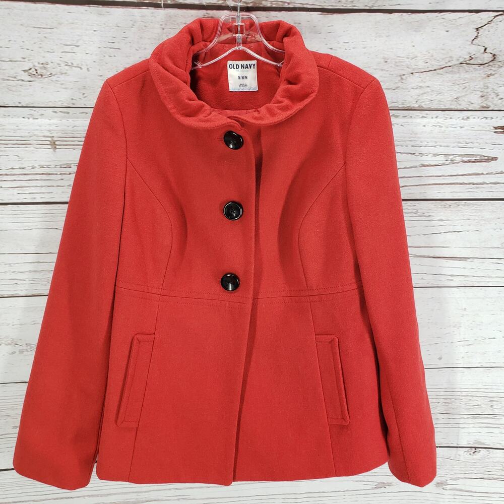 Old Navy Women's Red Ruffle Collar Pockets Wool Blend Jacket Size Medium